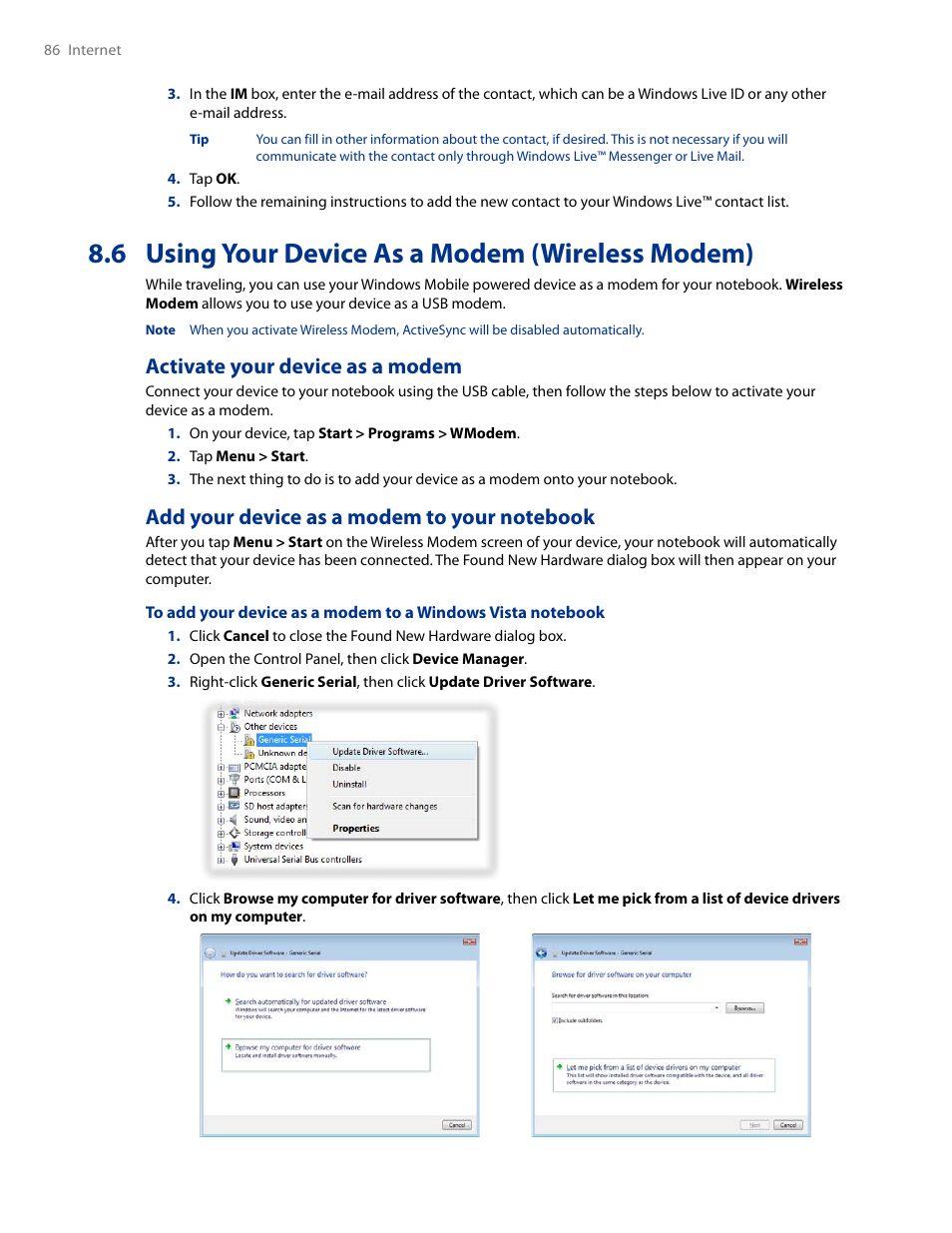 6 using your device as a modem (wireless modem), 6 using your device as a modem, Wireless modem) | Activate your device as a modem | HTC AM171 User Manual | Page 86 / 158