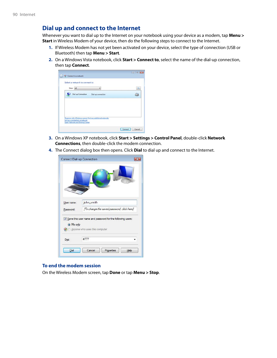 Dial up and connect to the internet | HTC AM171 User Manual | Page 90 / 158