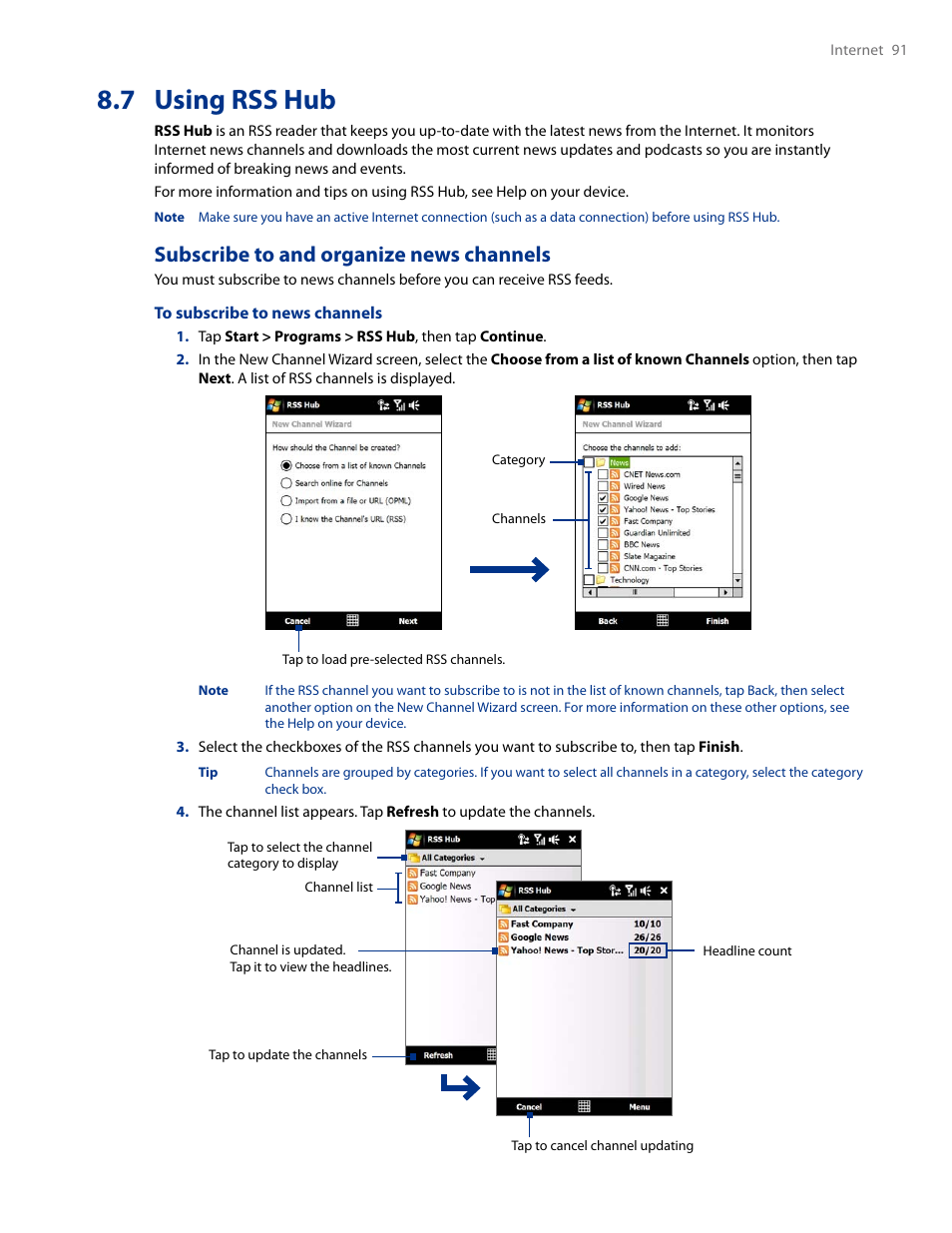 7 using rss hub, Subscribe to and organize news channels | HTC AM171 User Manual | Page 91 / 158