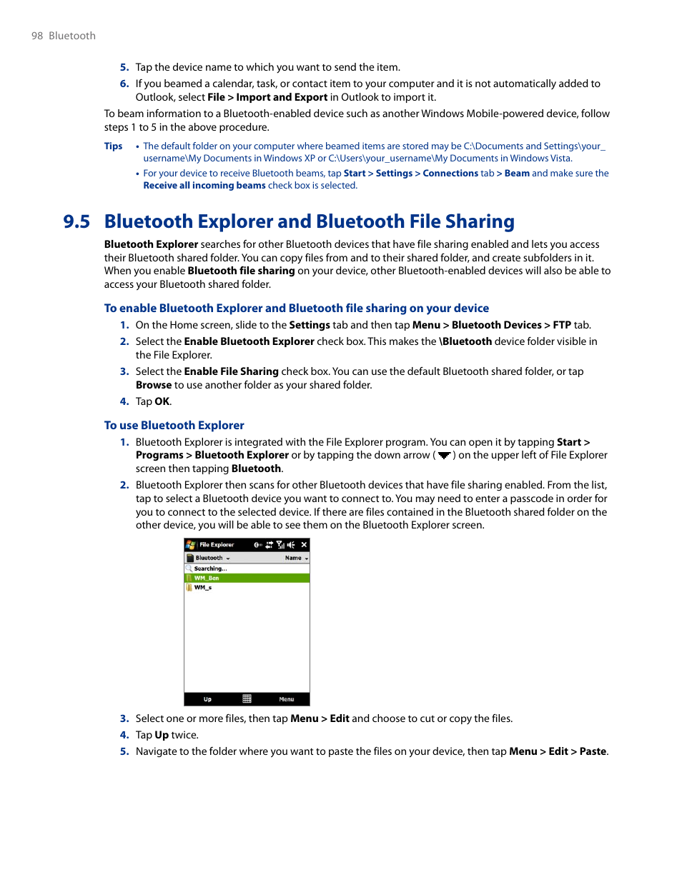 5 bluetooth explorer and bluetooth file sharing, 5 bluetooth explorer and, Bluetooth file sharing | HTC AM171 User Manual | Page 98 / 158