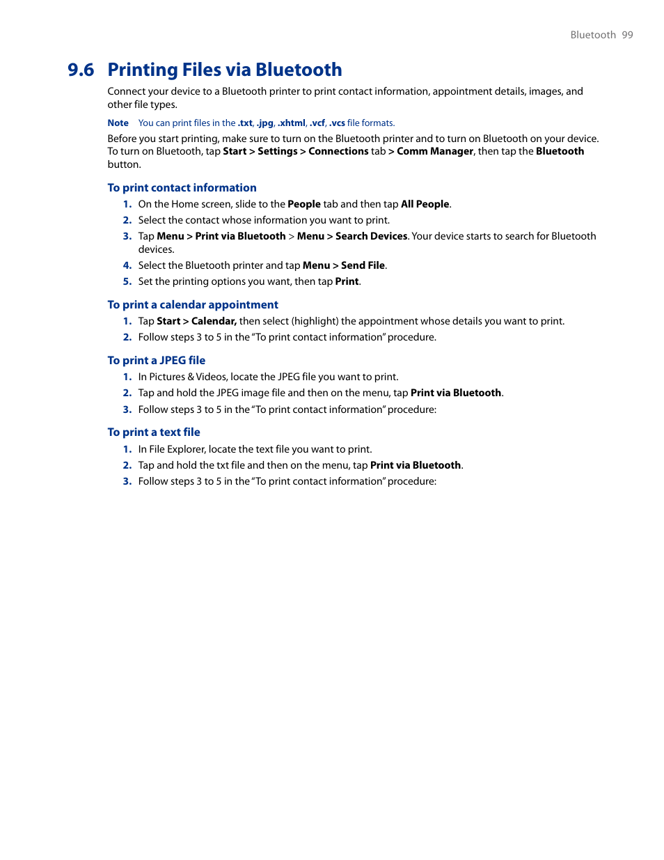 6 printing files via bluetooth | HTC AM171 User Manual | Page 99 / 158