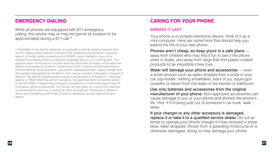 Emergency dialing, Caring for your phone, Making it last | HTC Dash 3G TM1634 User Manual | Page 15 / 33