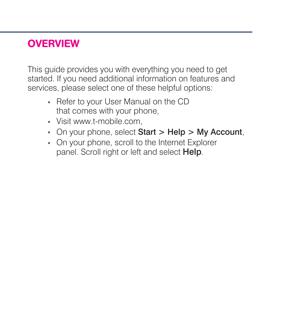 Tm1634 dash3g guide-start, Overview, Help | On your phone, select start > help > my account | HTC Dash 3G TM1634 User Manual | Page 2 / 33