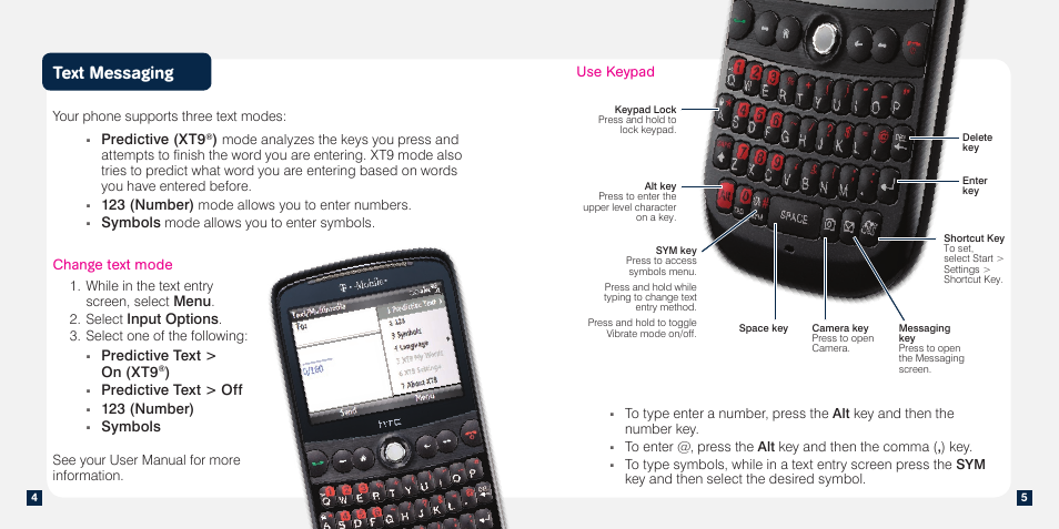 Text messaging, Predictive (xt9, 123 (number) | Symbols, Change text mode, Menu, Input options, Predictive text > on (xt9, Predictive text > off, Use keypad | HTC Dash 3G TM1634 User Manual | Page 20 / 33