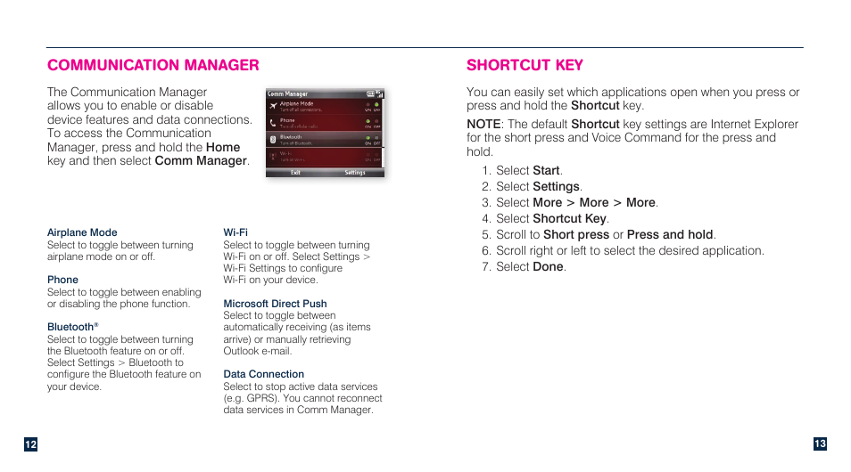 Communication manager, Shortcut key | HTC Dash 3G TM1634 User Manual | Page 8 / 33