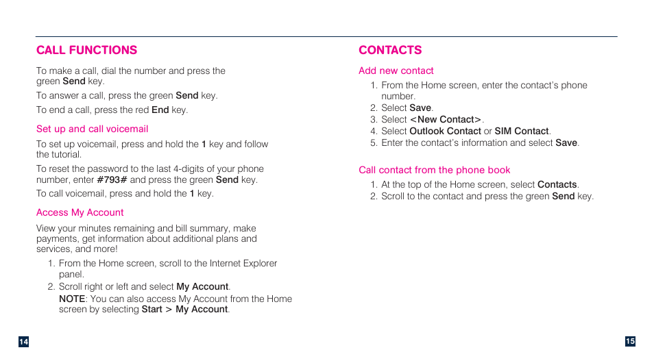 Call functions, Contacts | HTC Dash 3G TM1634 User Manual | Page 9 / 33