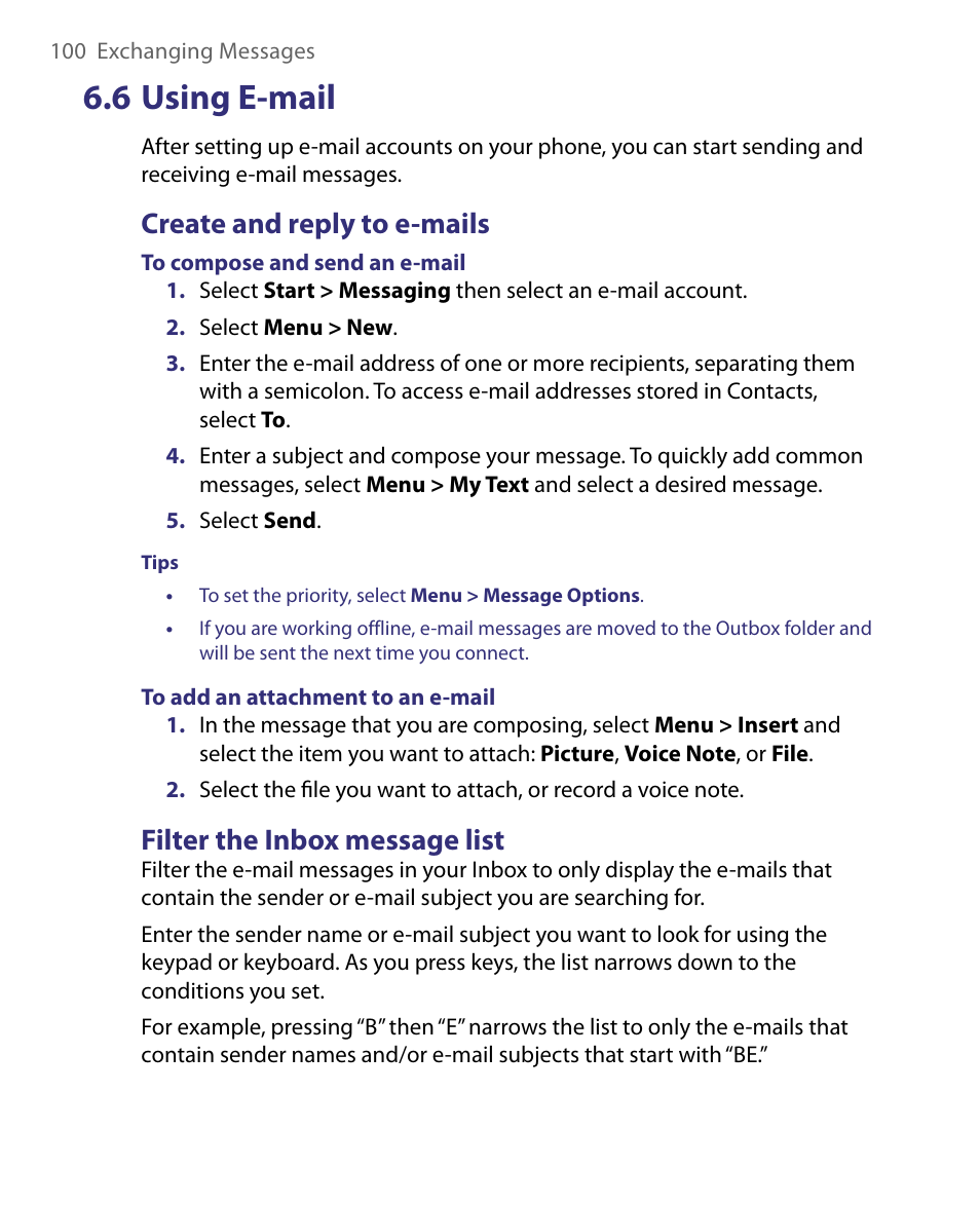 6 using e-mail, Create and reply to e-mails, Filter the inbox message list | HTC Dash EXCA160 User Manual | Page 100 / 202