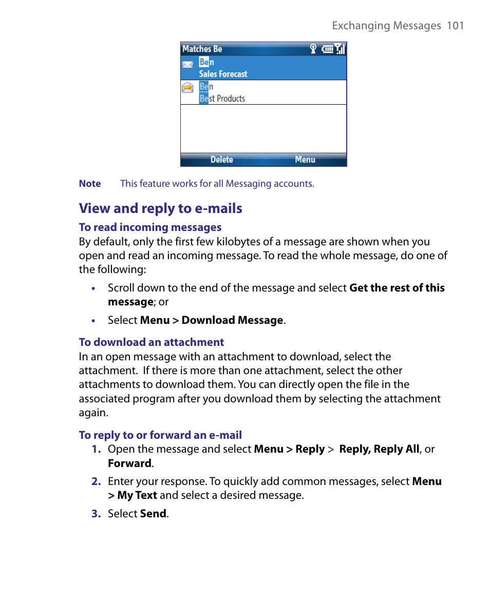 View and reply to e-mails | HTC Dash EXCA160 User Manual | Page 101 / 202