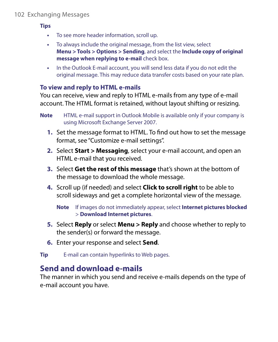 Send and download e-mails | HTC Dash EXCA160 User Manual | Page 102 / 202