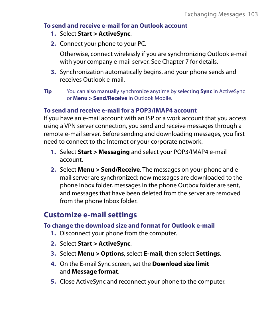 Customize e-mail settings | HTC Dash EXCA160 User Manual | Page 103 / 202