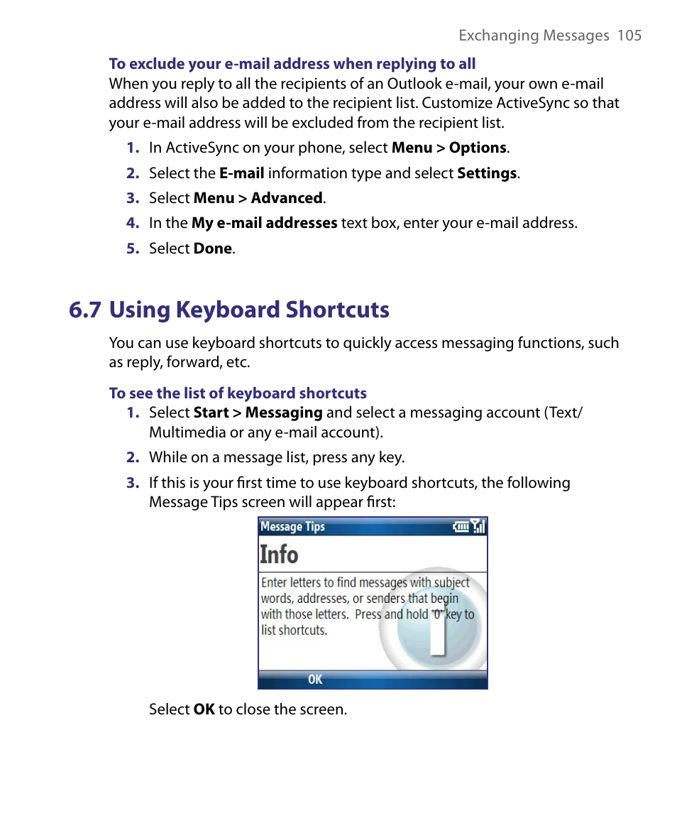 7 using keyboard shortcuts | HTC Dash EXCA160 User Manual | Page 105 / 202