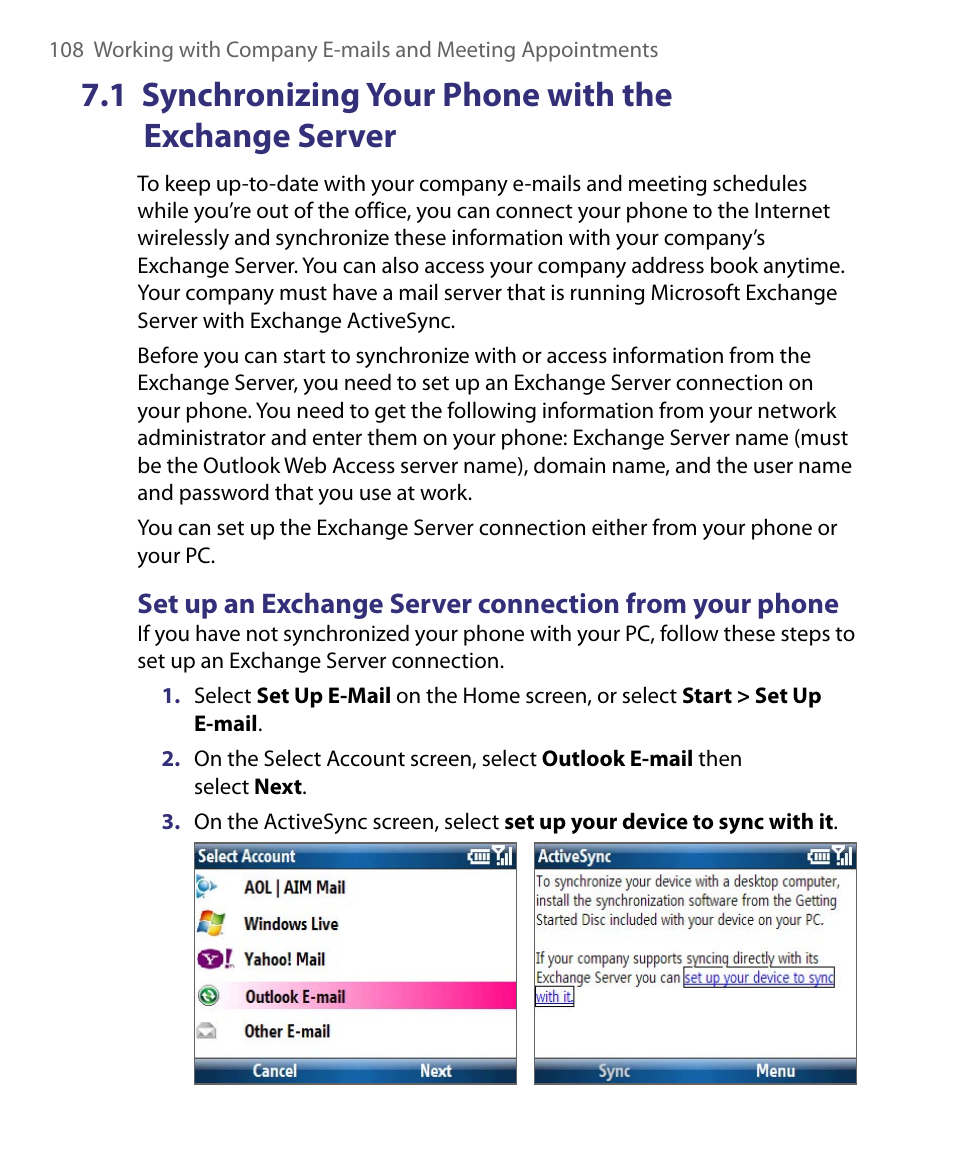 1 synchronizing your phone with, The exchange server | HTC Dash EXCA160 User Manual | Page 108 / 202