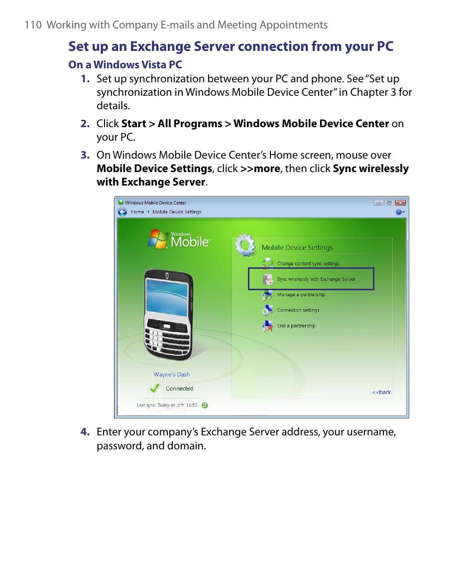 Set up an exchange server connection from your pc | HTC Dash EXCA160 User Manual | Page 110 / 202