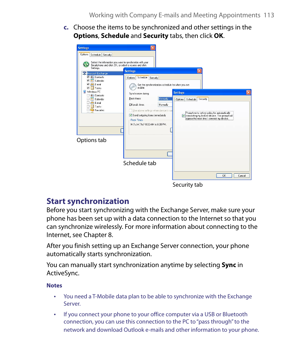 Start synchronization | HTC Dash EXCA160 User Manual | Page 113 / 202