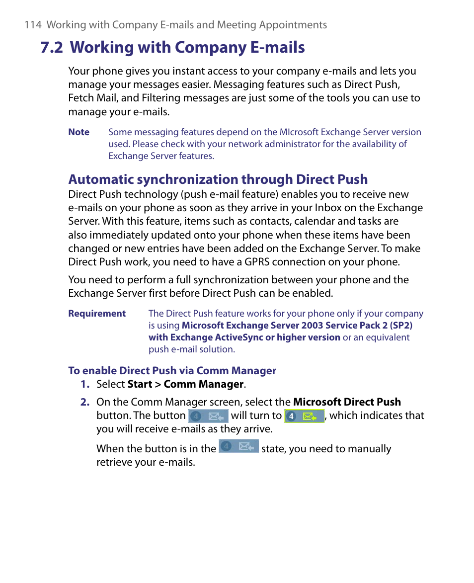 2 working with company e-mails, Automatic synchronization through direct push | HTC Dash EXCA160 User Manual | Page 114 / 202