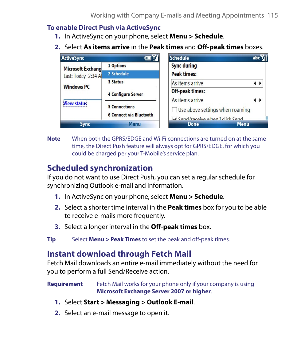 Scheduled synchronization, Instant download through fetch mail | HTC Dash EXCA160 User Manual | Page 115 / 202