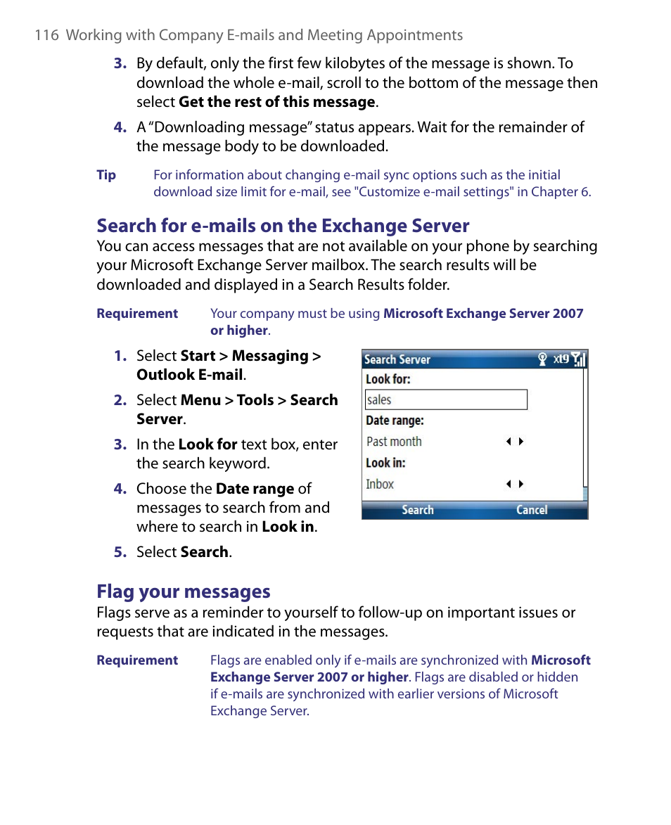Search for e-mails on the exchange server, Flag your messages | HTC Dash EXCA160 User Manual | Page 116 / 202