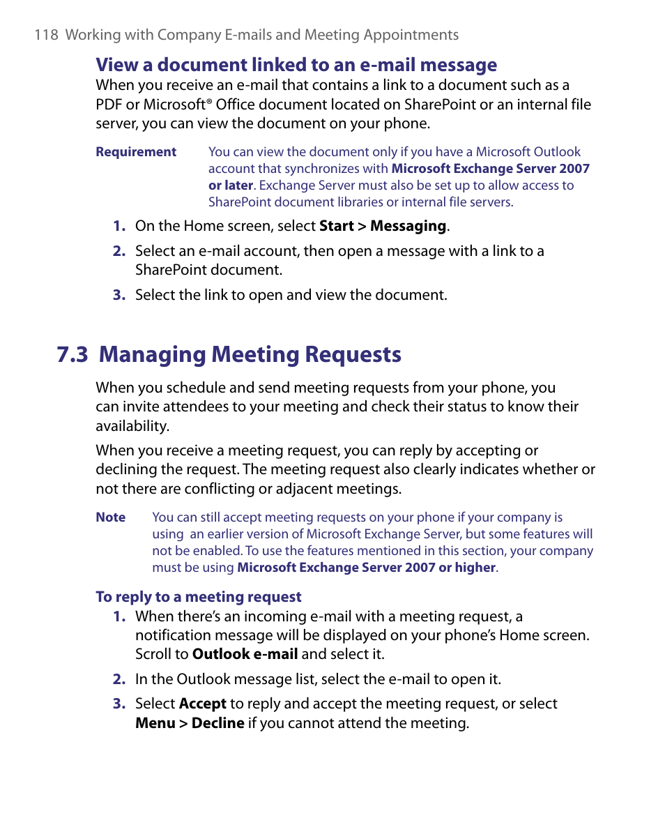 View a document linked to an e-mail message, 3 managing meeting requests | HTC Dash EXCA160 User Manual | Page 118 / 202
