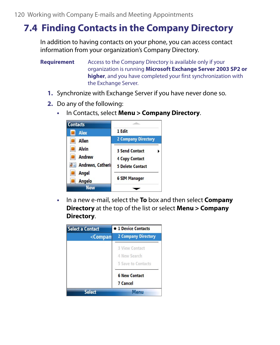 4 finding contacts in the company directory, 4 finding contacts in the, Company directory | HTC Dash EXCA160 User Manual | Page 120 / 202
