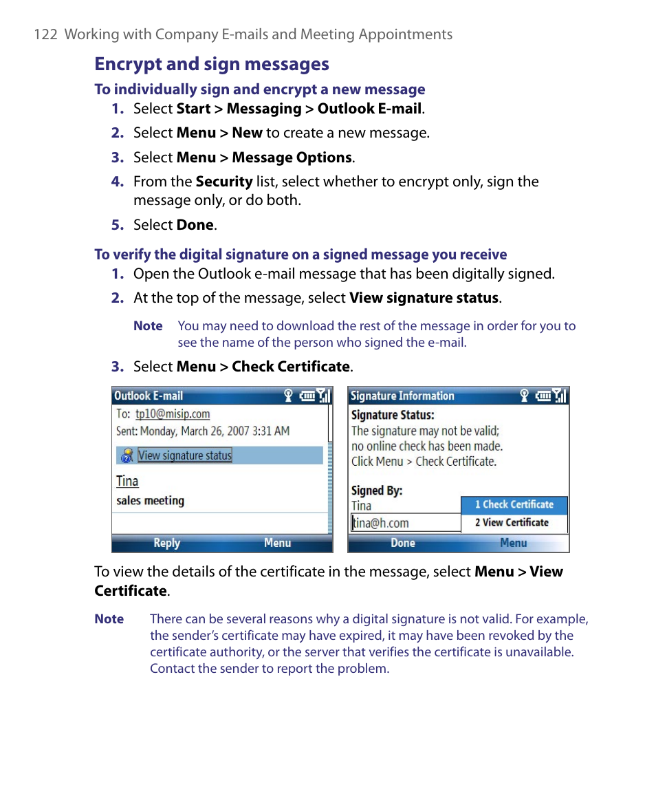 Encrypt and sign messages | HTC Dash EXCA160 User Manual | Page 122 / 202