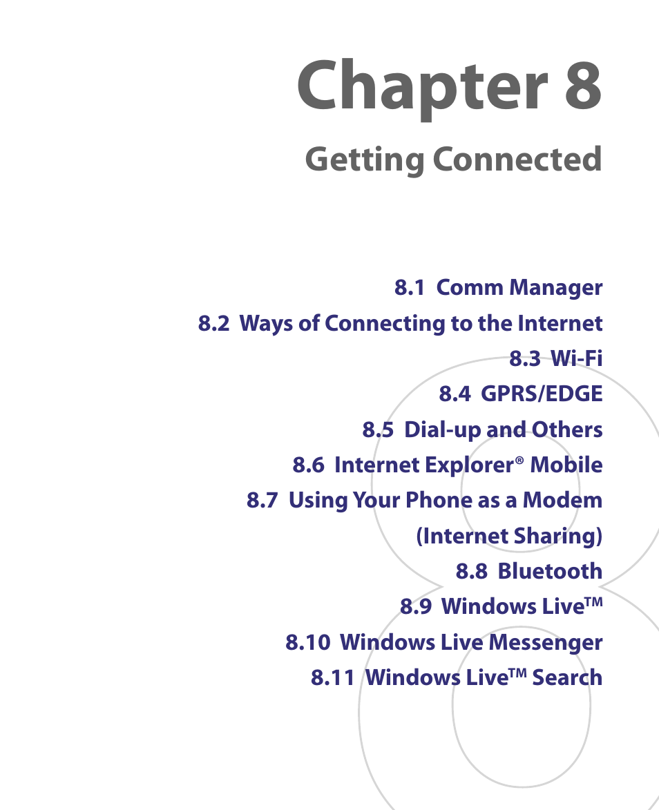 Chapter 8 getting connected, Chapter 8, Getting connected | HTC Dash EXCA160 User Manual | Page 125 / 202