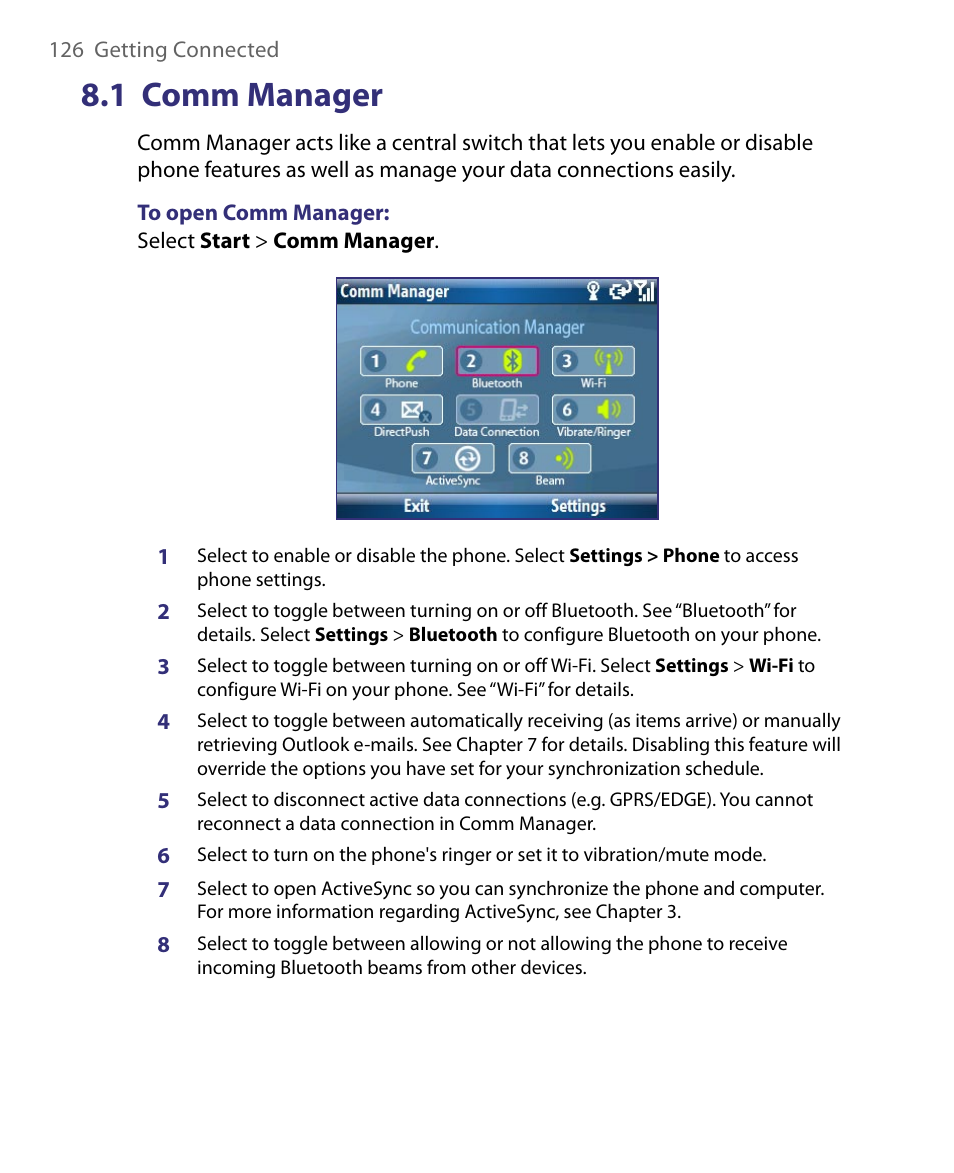 1 comm manager | HTC Dash EXCA160 User Manual | Page 126 / 202