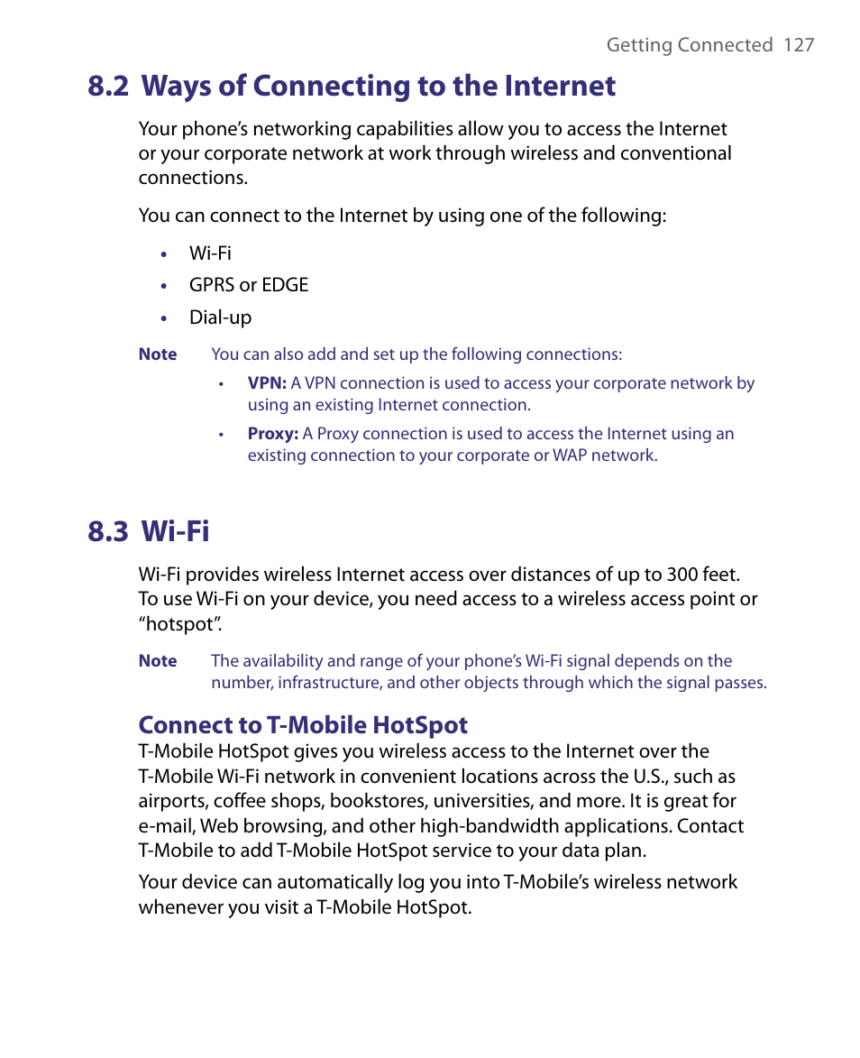 2 ways of connecting to the internet, 3 wi-fi, Connect to t-mobile hotspot | 2 ways of connecting to the internet 8.3 wi-fi | HTC Dash EXCA160 User Manual | Page 127 / 202