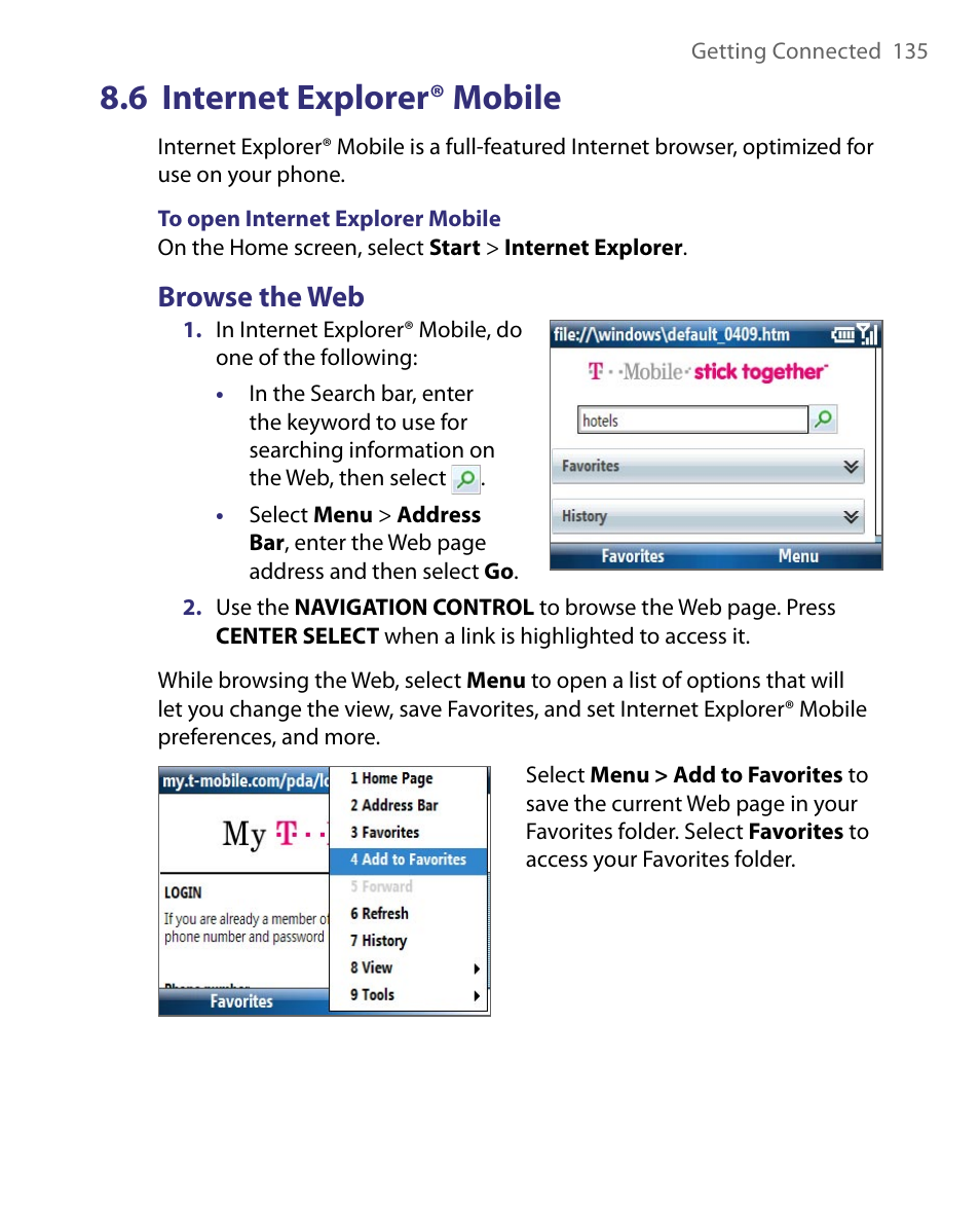 6 internet explorer® mobile, Browse the web | HTC Dash EXCA160 User Manual | Page 135 / 202