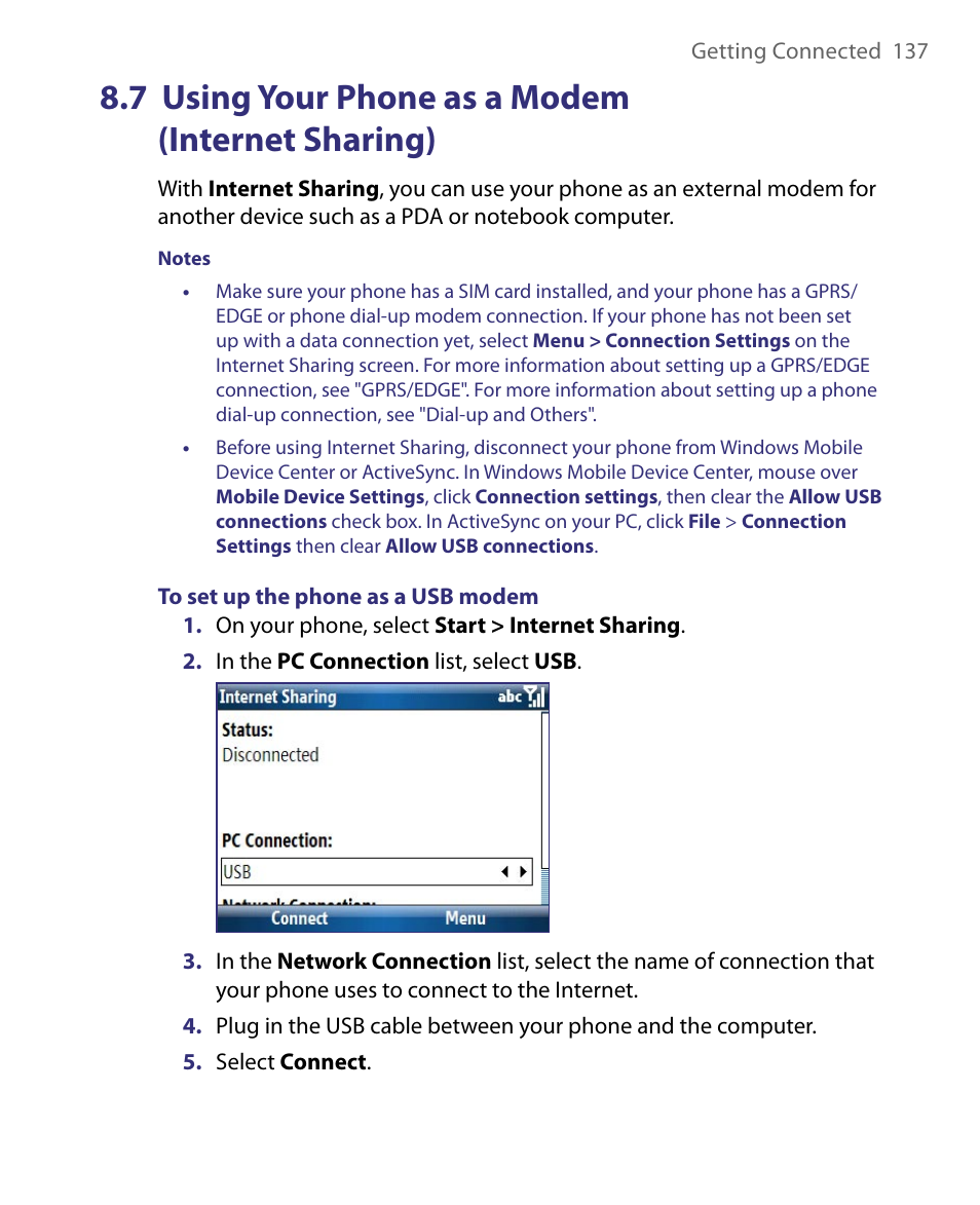 7 using your phone as a modem (internet sharing), 7 using your phone as a modem, Internet sharing) | HTC Dash EXCA160 User Manual | Page 137 / 202