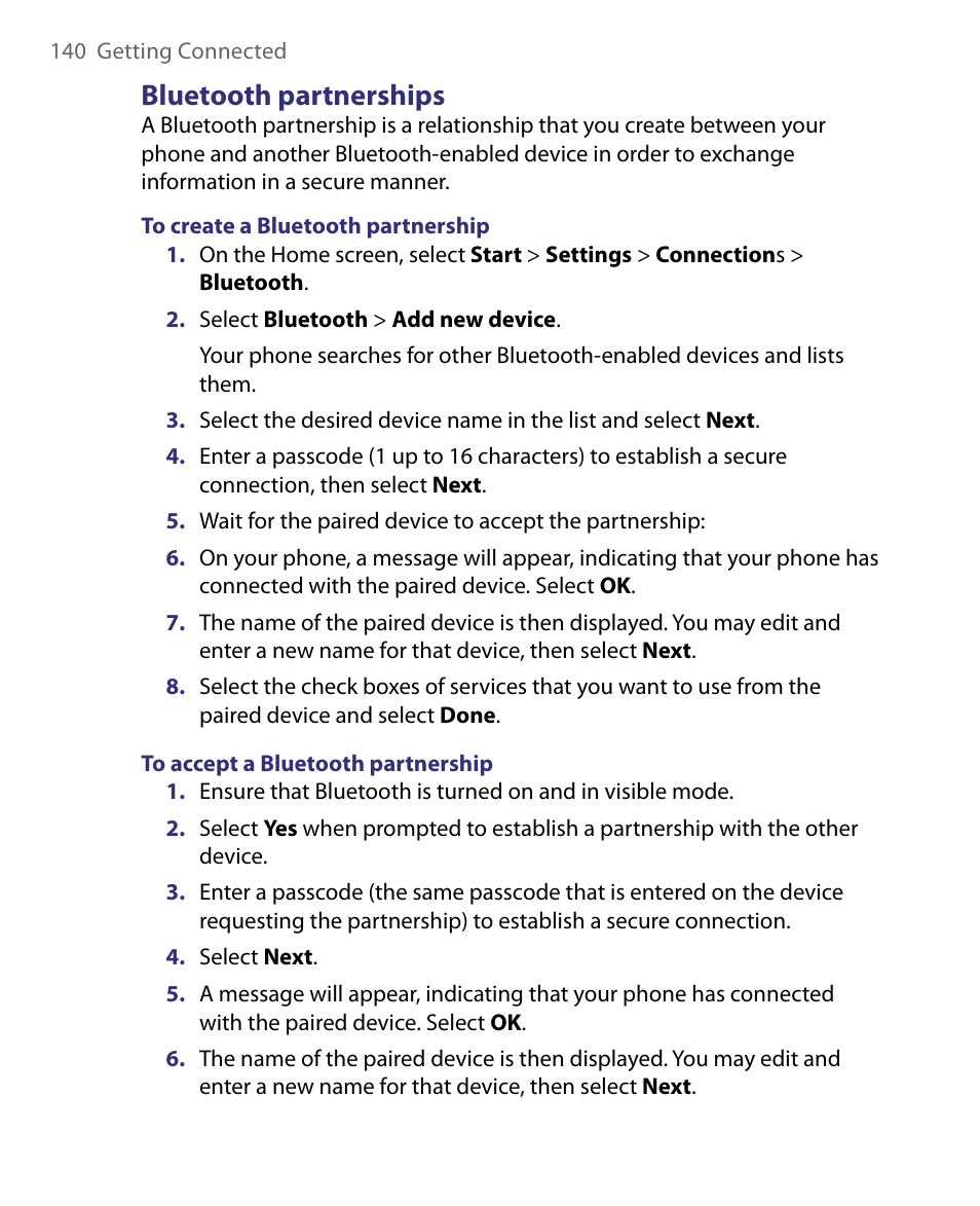 Bluetooth partnerships | HTC Dash EXCA160 User Manual | Page 140 / 202