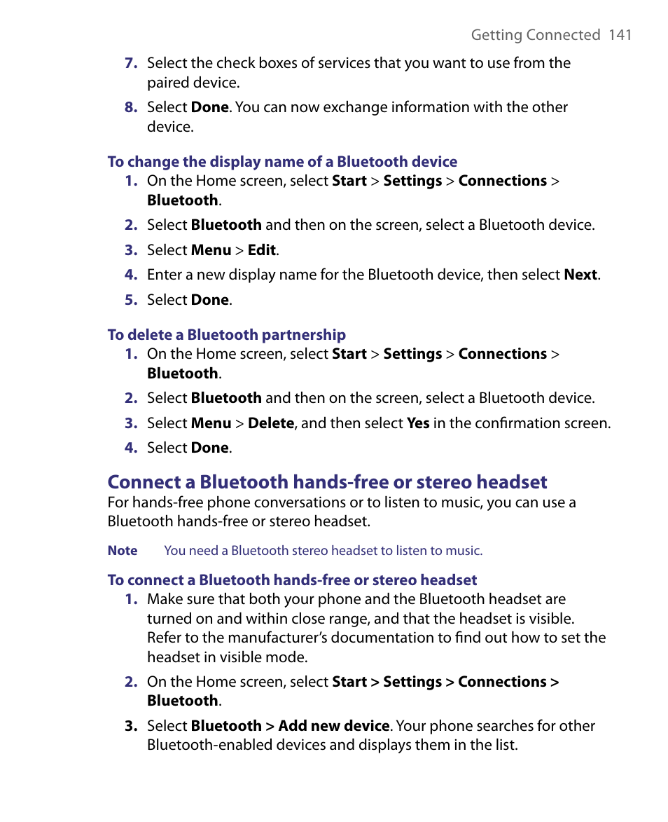 Connect a bluetooth hands-free or stereo headset | HTC Dash EXCA160 User Manual | Page 141 / 202