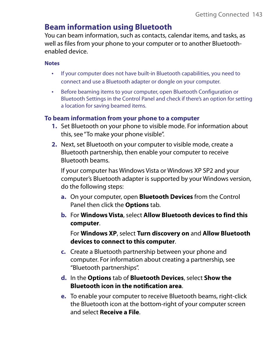 Beam information using bluetooth | HTC Dash EXCA160 User Manual | Page 143 / 202
