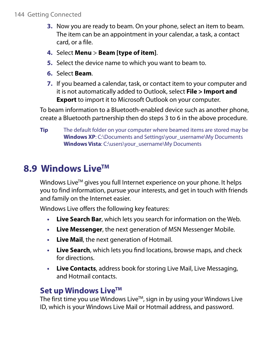 9 windows livetm, Set up windows livetm, 9 windows live | Set up windows live | HTC Dash EXCA160 User Manual | Page 144 / 202