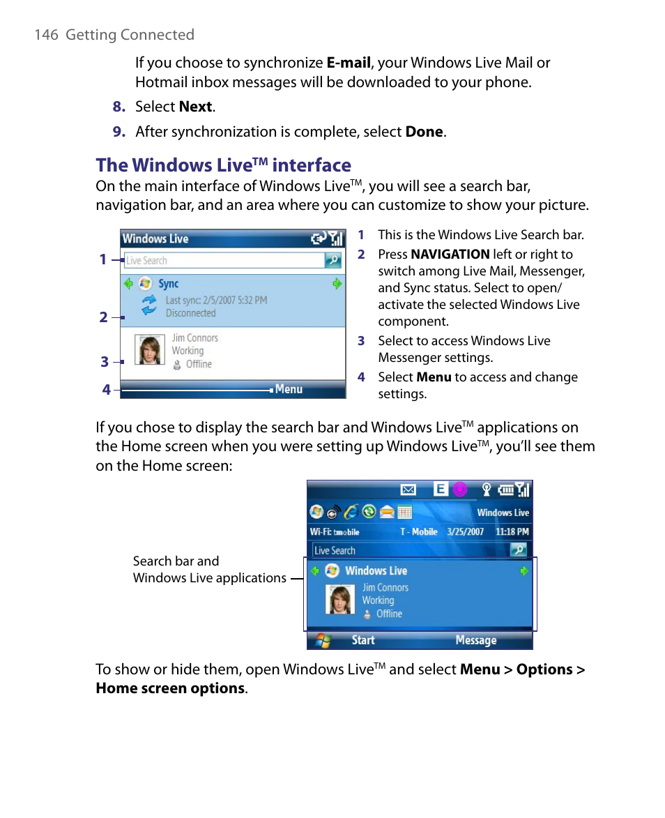 The windows livetm interface, The windows live, Interface | HTC Dash EXCA160 User Manual | Page 146 / 202