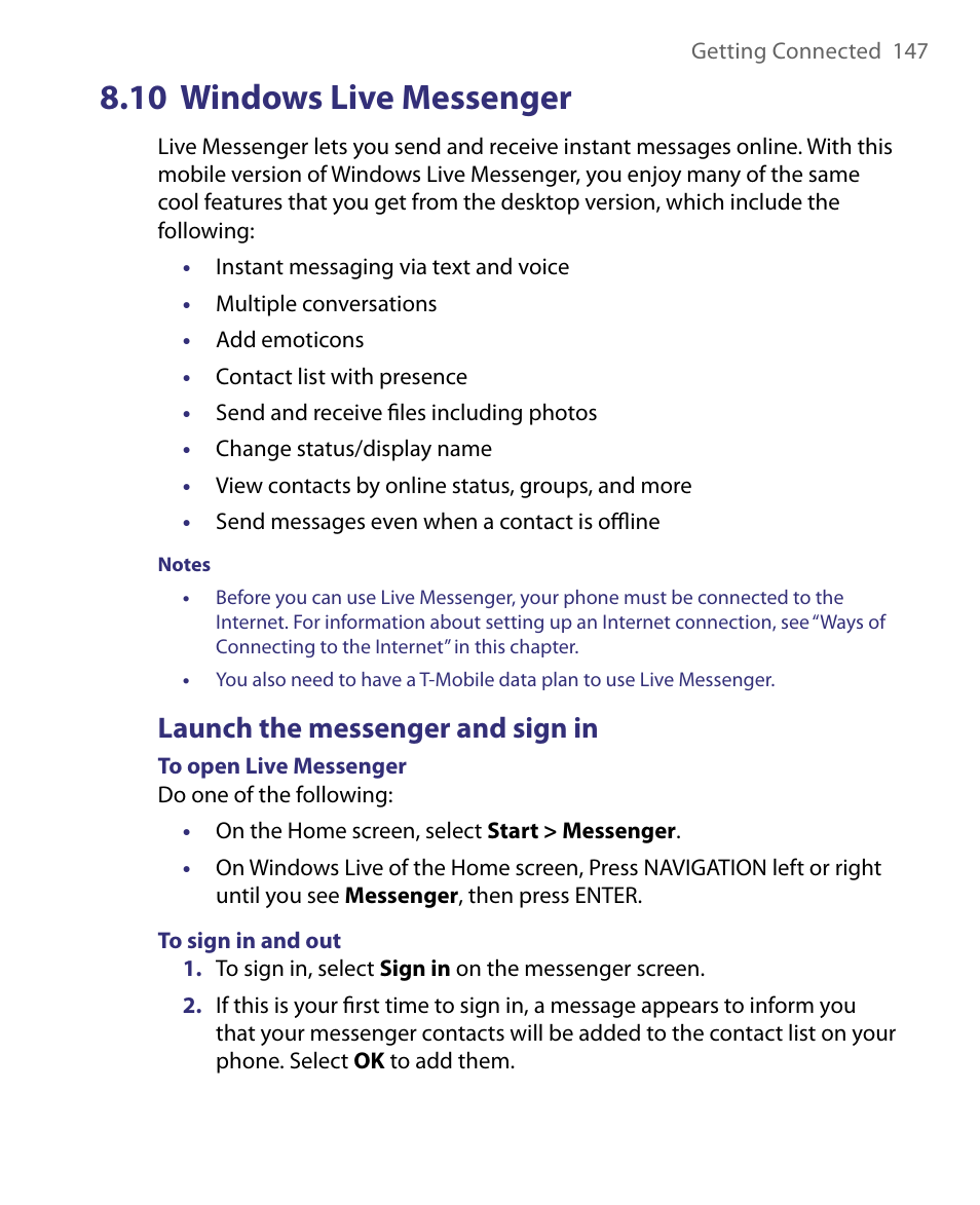 10 windows live messenger, Launch the messenger and sign in | HTC Dash EXCA160 User Manual | Page 147 / 202