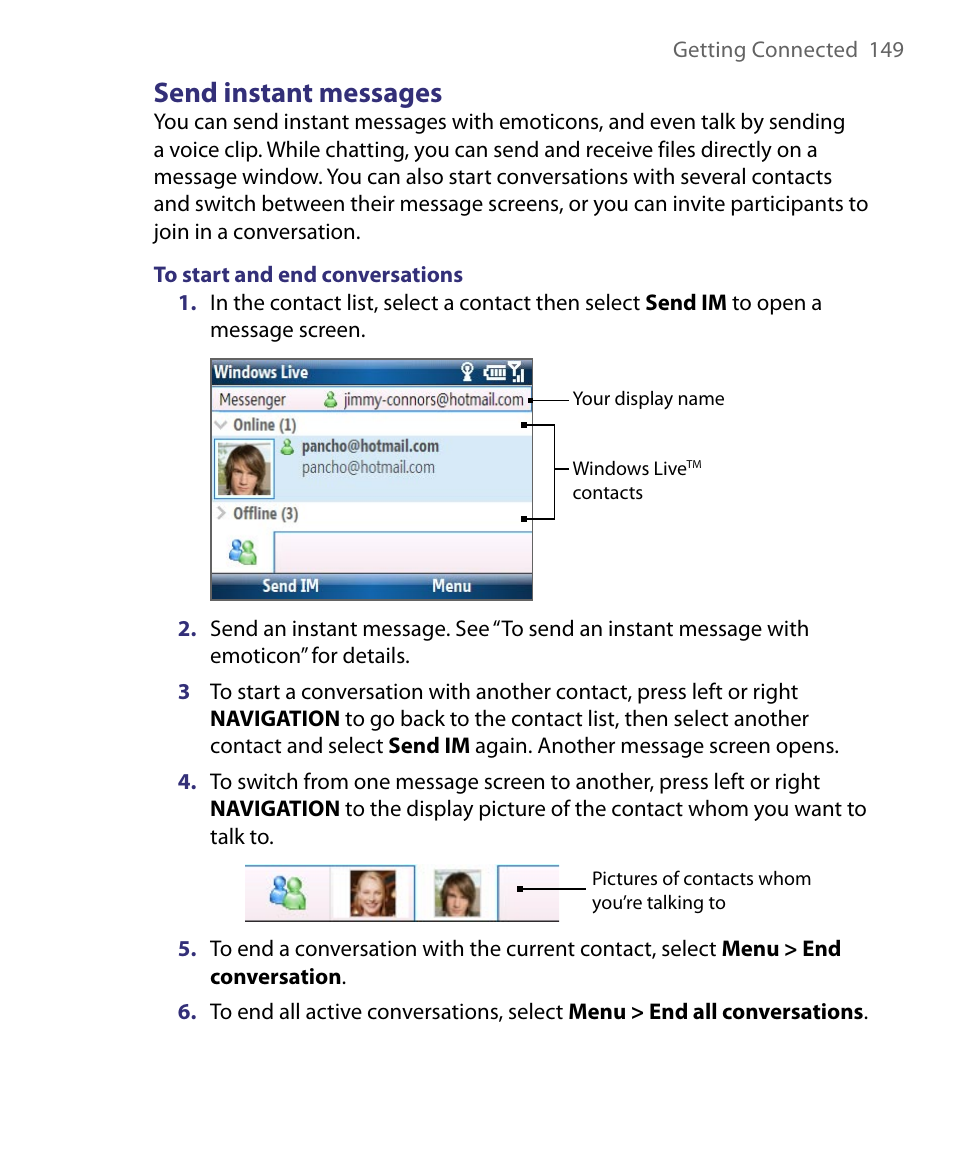 Send instant messages | HTC Dash EXCA160 User Manual | Page 149 / 202