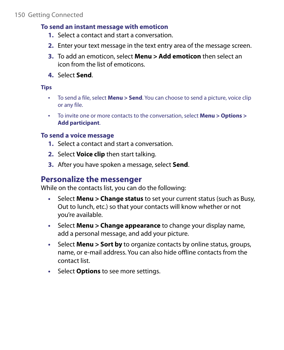 Personalize the messenger | HTC Dash EXCA160 User Manual | Page 150 / 202