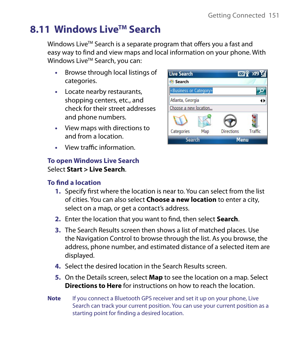 11 windows livetm search, 11 windows live, Search | HTC Dash EXCA160 User Manual | Page 151 / 202