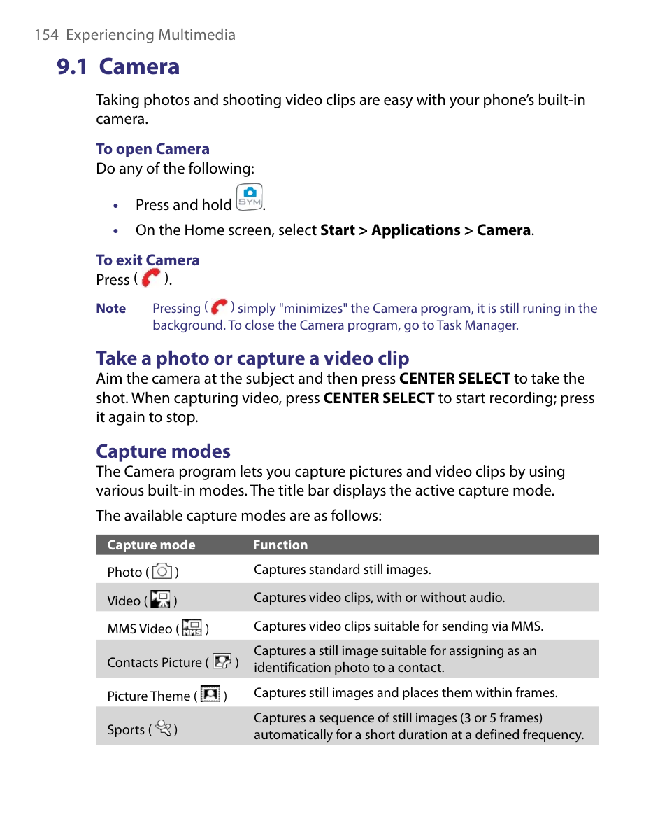 1 camera, Take a photo or capture a video clip, Capture modes | Take a photo or capture a video clip capture modes | HTC Dash EXCA160 User Manual | Page 154 / 202