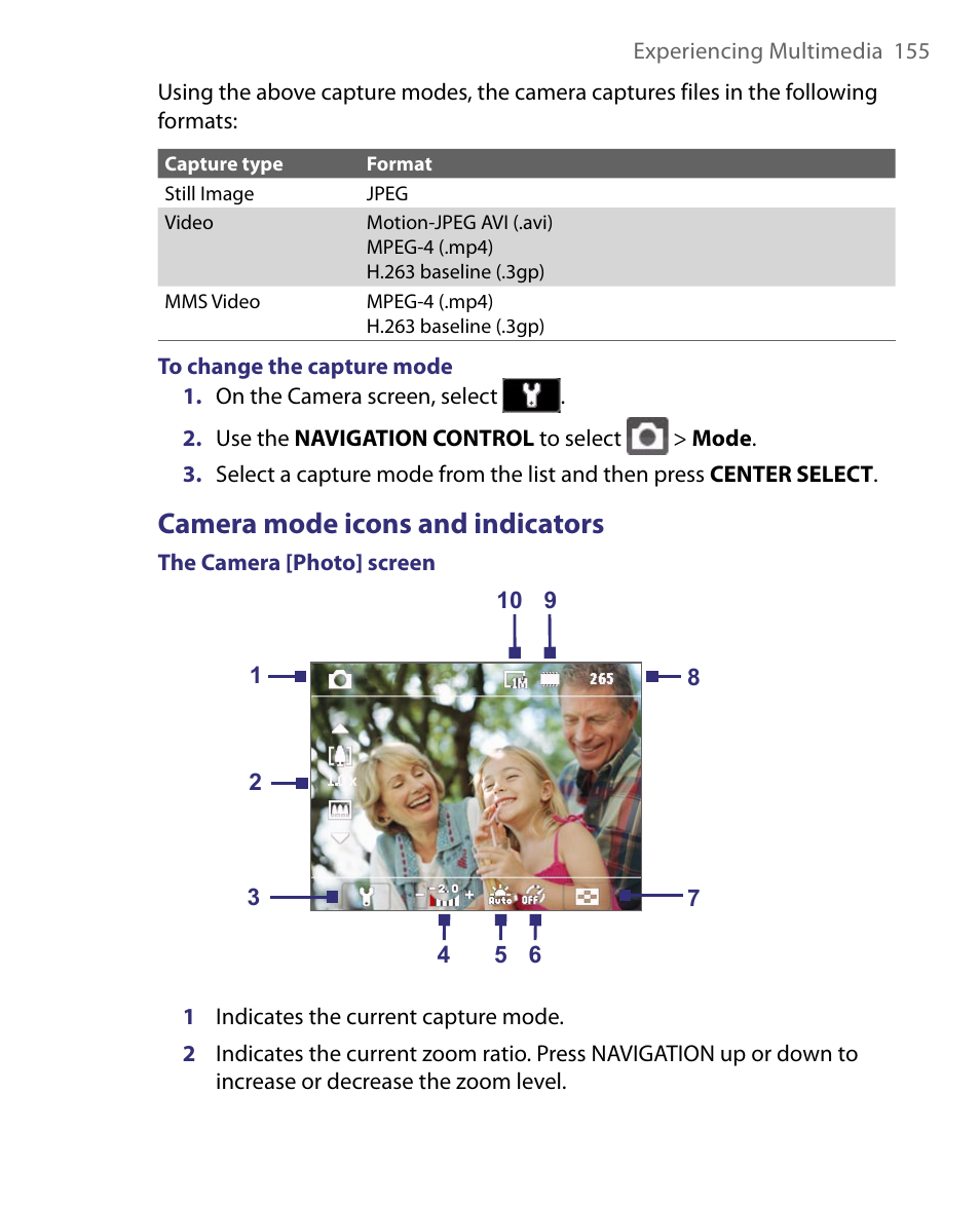 Camera mode icons and indicators | HTC Dash EXCA160 User Manual | Page 155 / 202