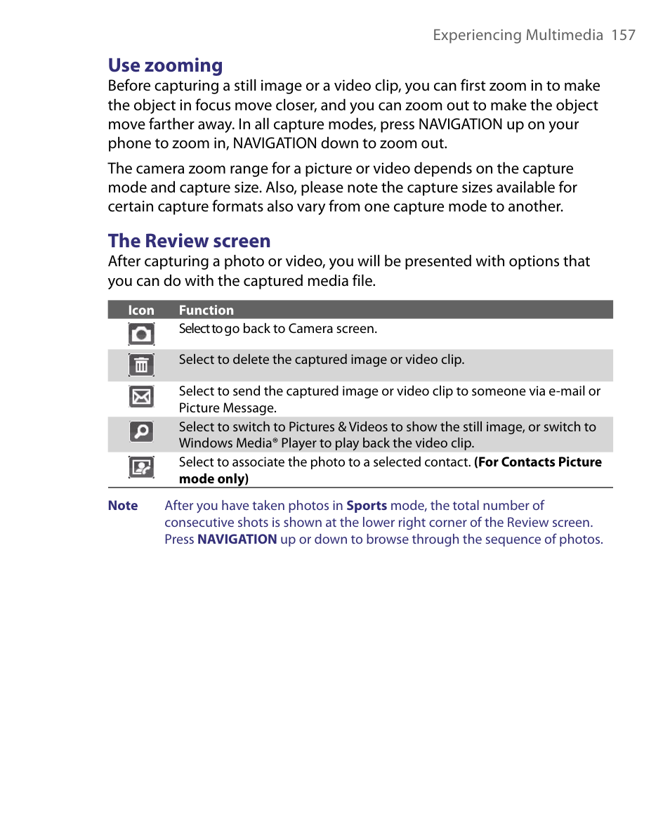 Use zooming, The review screen, Use zooming the review screen | HTC Dash EXCA160 User Manual | Page 157 / 202