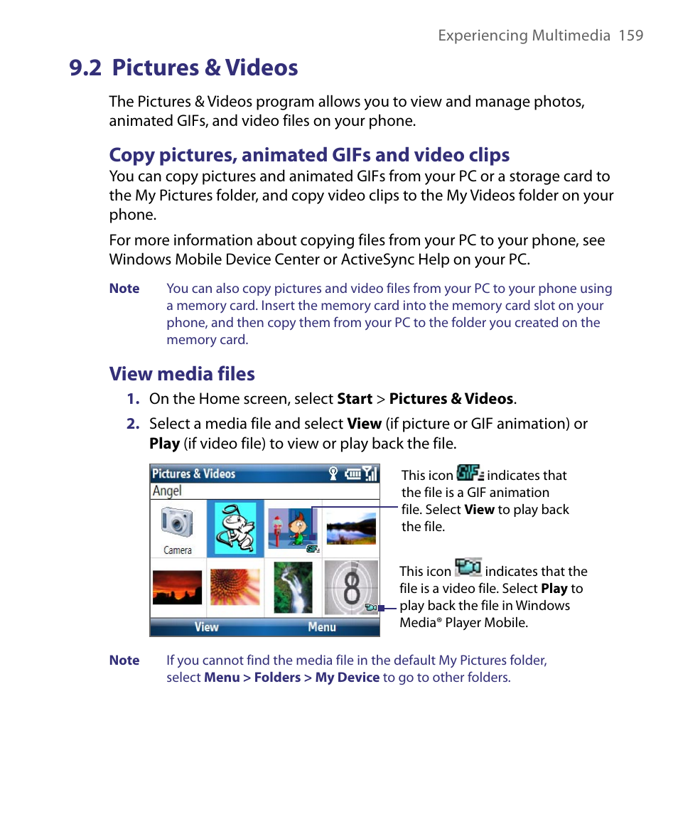 2 pictures & videos, Copy pictures, animated gifs and video clips, View media files | HTC Dash EXCA160 User Manual | Page 159 / 202