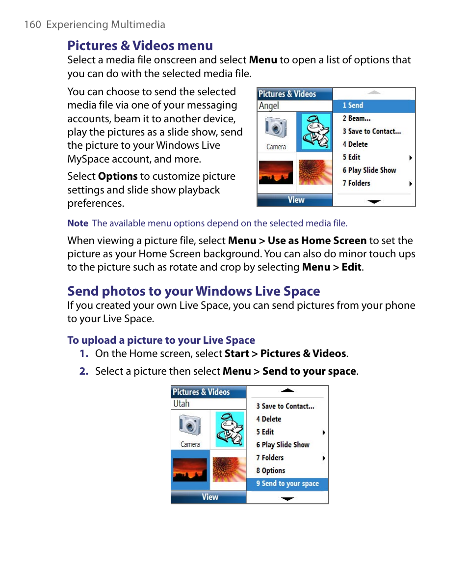 Pictures & videos menu, Send photos to your windows live space | HTC Dash EXCA160 User Manual | Page 160 / 202