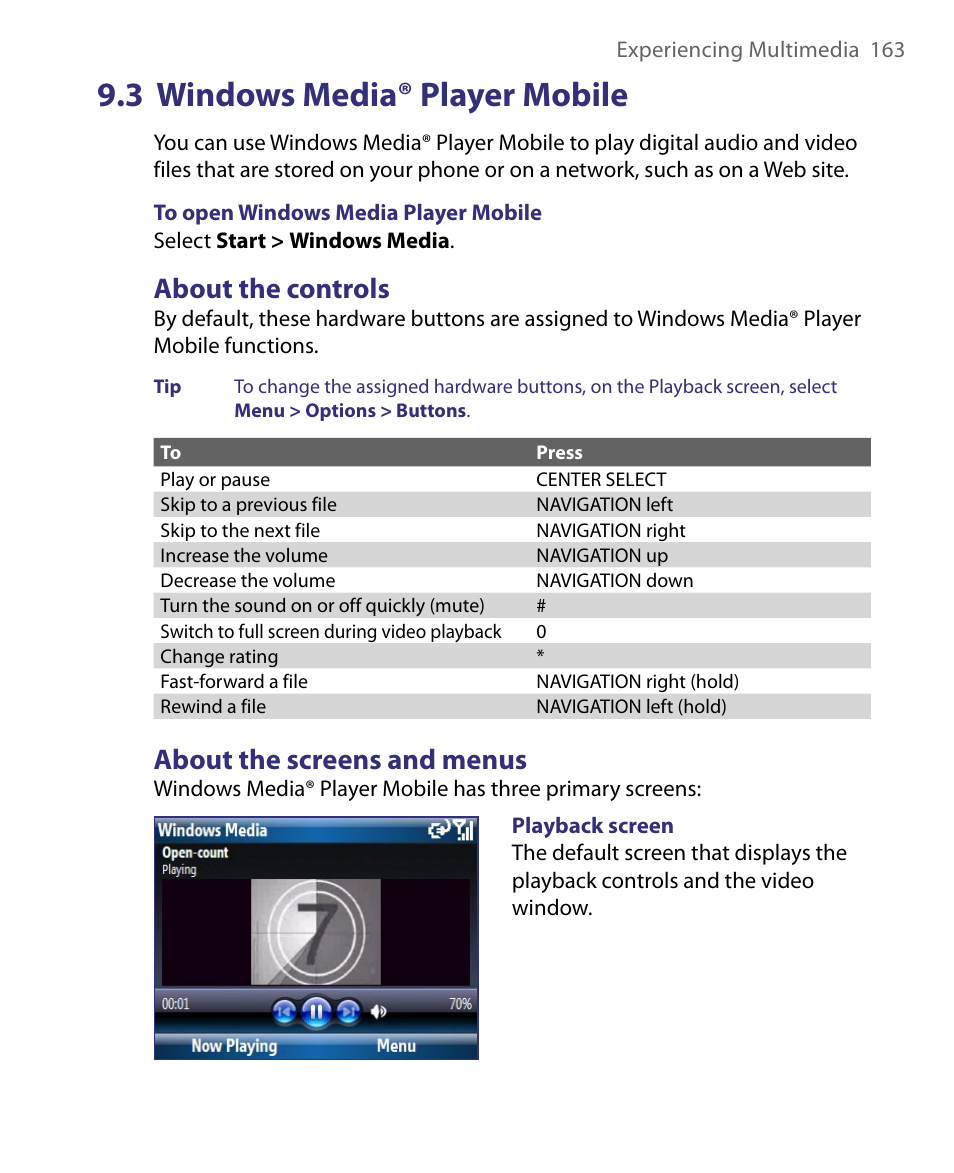 3 windows media® player mobile, About the controls, About the screens and menus | About the controls about the screens and menus | HTC Dash EXCA160 User Manual | Page 163 / 202