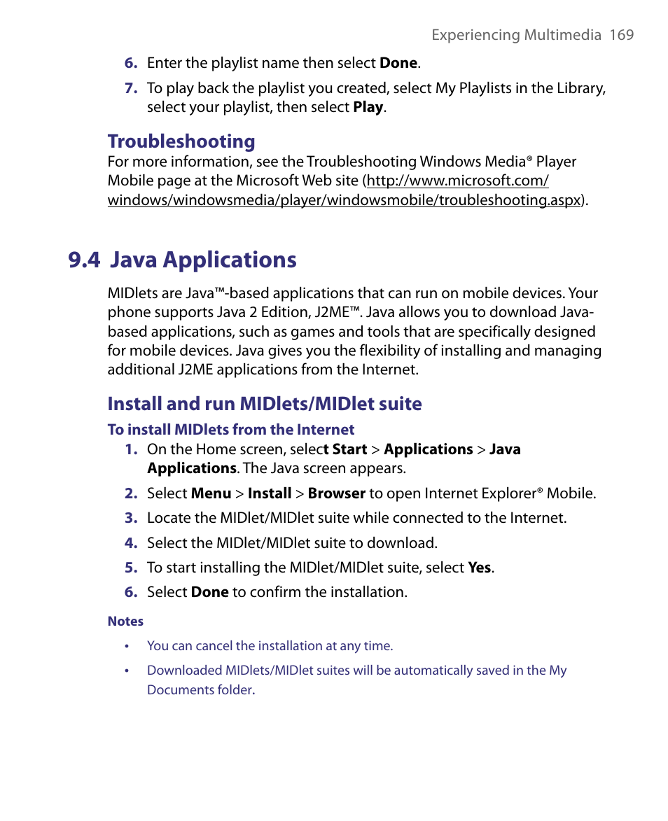 Troubleshooting, 4 java applications, Install and run midlets/midlet suite | HTC Dash EXCA160 User Manual | Page 169 / 202