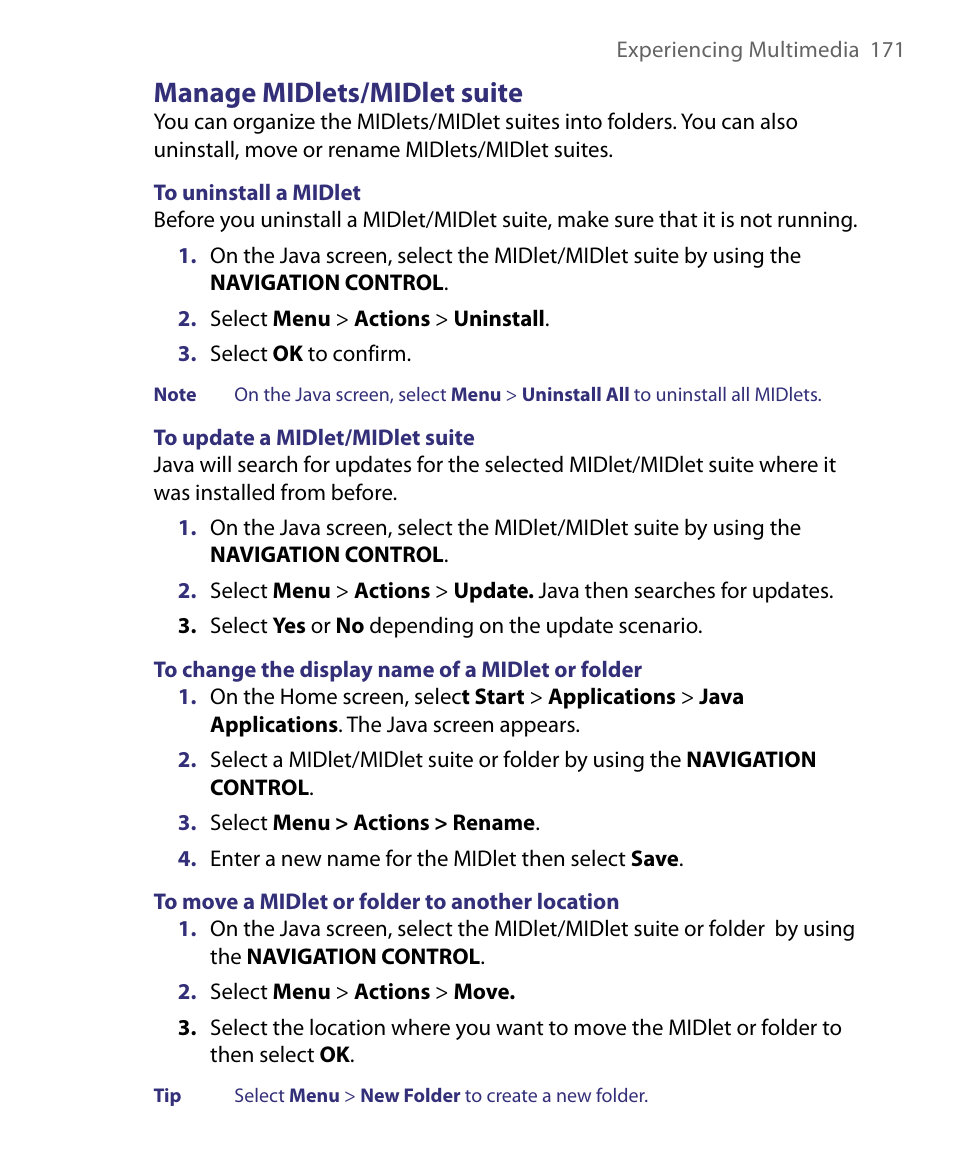 Manage midlets/midlet suite | HTC Dash EXCA160 User Manual | Page 171 / 202