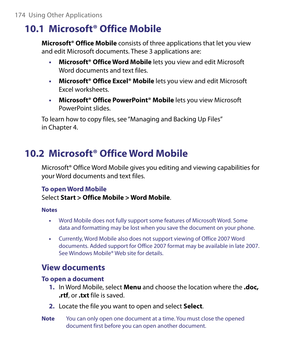 1 microsoft® office mobile, 2 microsoft® office word mobile, View documents | HTC Dash EXCA160 User Manual | Page 174 / 202