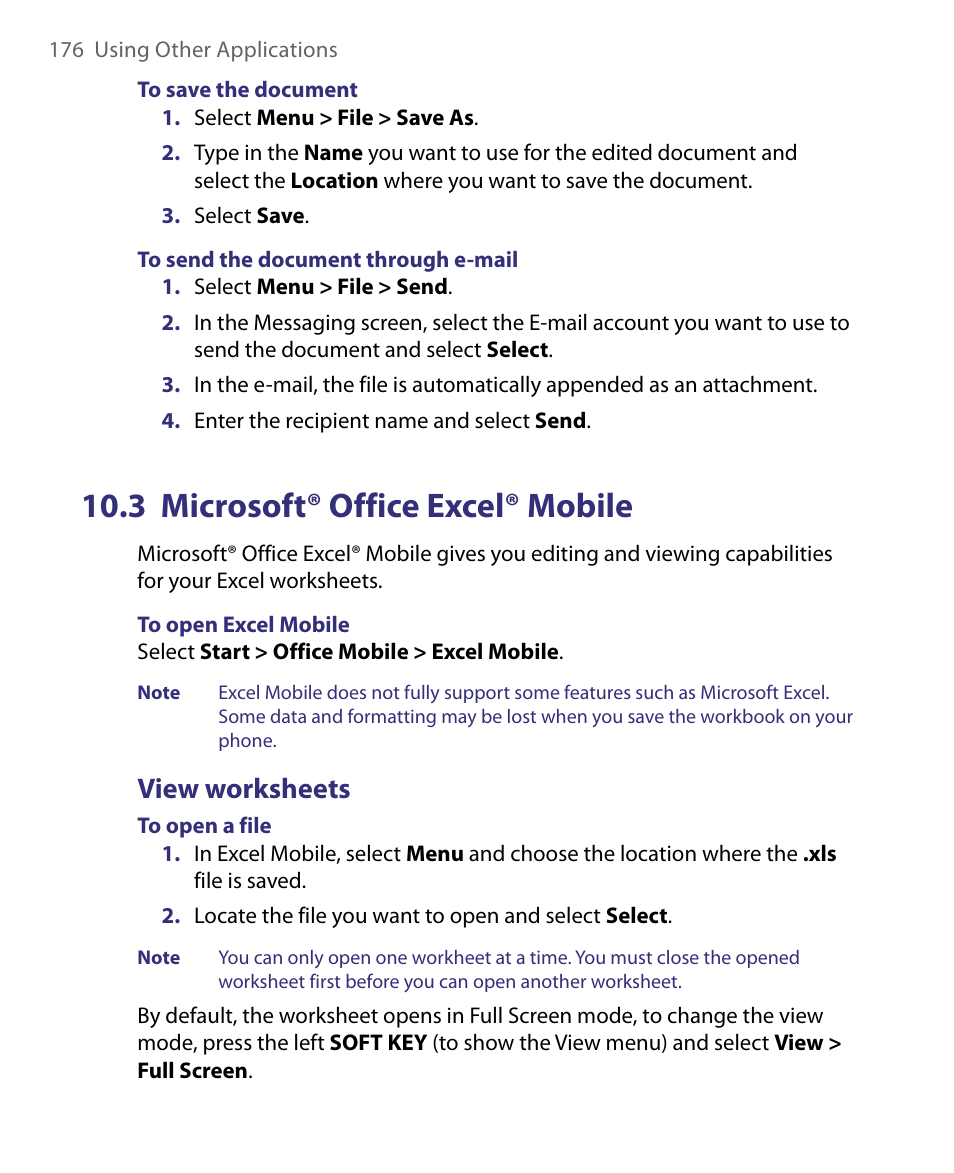 3 microsoft® office excel® mobile, View worksheets | HTC Dash EXCA160 User Manual | Page 176 / 202