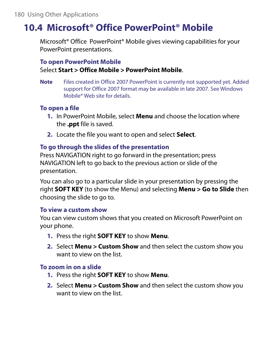 4 microsoft® office powerpoint® mobile | HTC Dash EXCA160 User Manual | Page 180 / 202