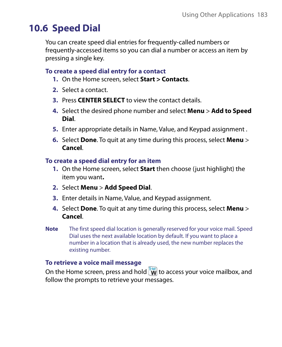 6 speed dial | HTC Dash EXCA160 User Manual | Page 183 / 202